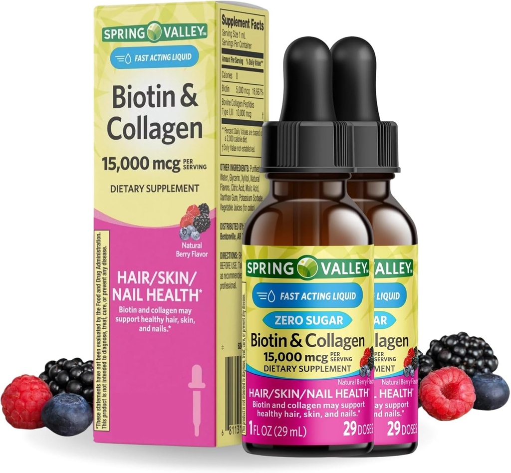 Liquid Biotin and Collagen 15000Mcg, Natural Berry Flavor, Drops for Hair, Skin, Nails z (Pack of 2)