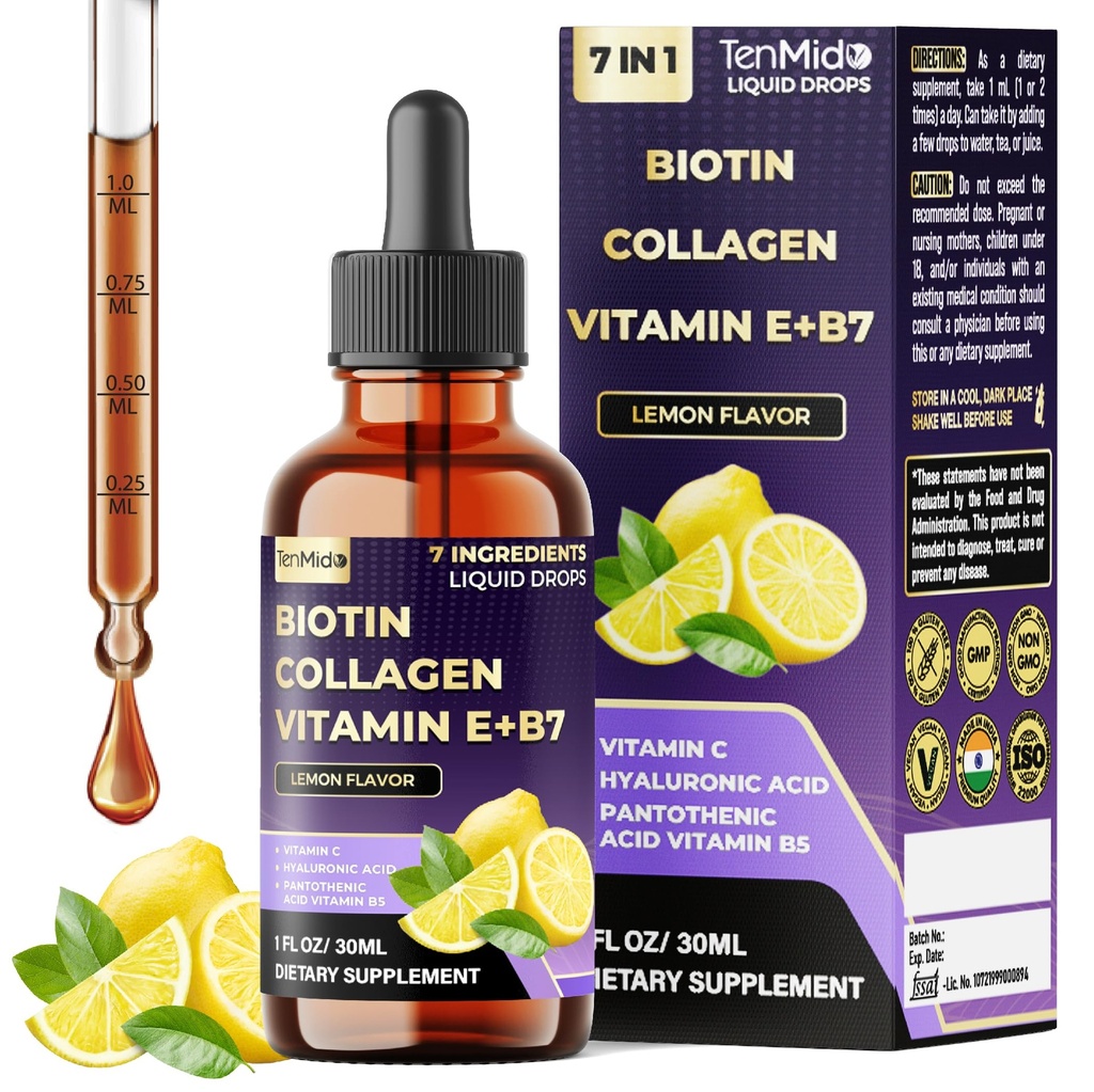 7in1 Biotin and Collagen Supplements - Biotin Liquid Drops with B5 Pantothenic Acid, Vitamin C, Vitamin E, Zinc, Hyaluronic Acid - 30ml 1 Fl Oz