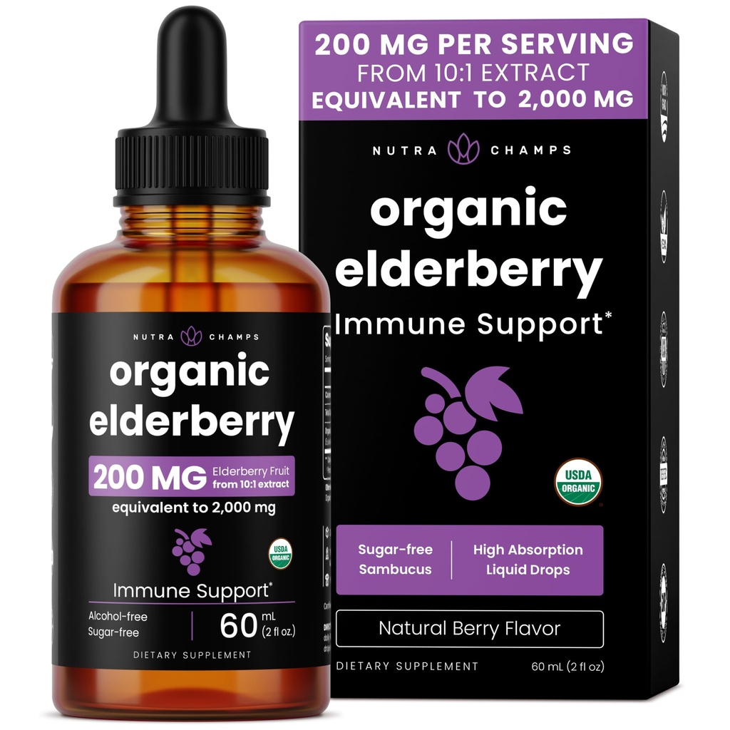 NutraChamps Black Elderberry Syrup, Potent 2000mg 10: 1 Extract Sambucus Elderberry Syrup Antioxidant, Drops Berry Flavor, Flydende Elderberry Extract Sugar- Free 2oz, Immunstøtte