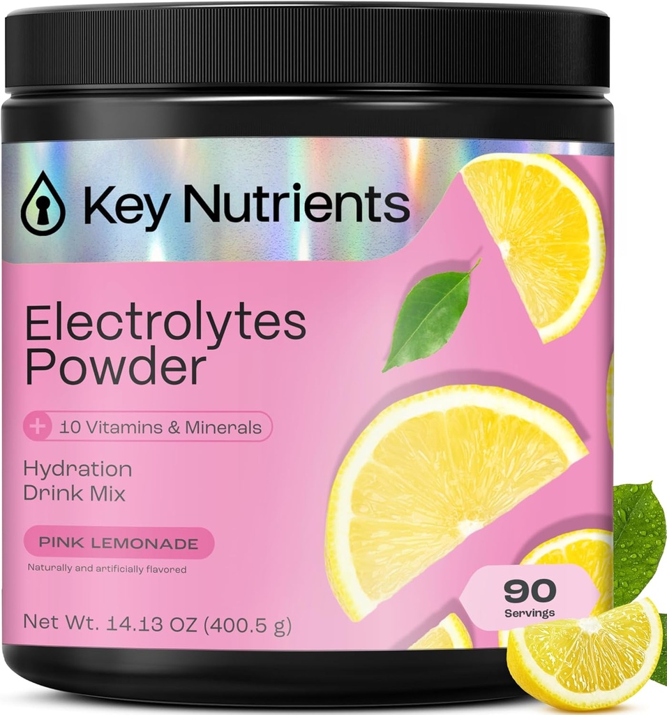 KEY NUTRIENSER Multivitamin Electrolytes Powder No Sugar - Fresh Pink Lemonade Electrolyte Powder - Endurance & Energy Supplement - Hydration Powder - Ingen kalorier - 90 Servering - Made in USA