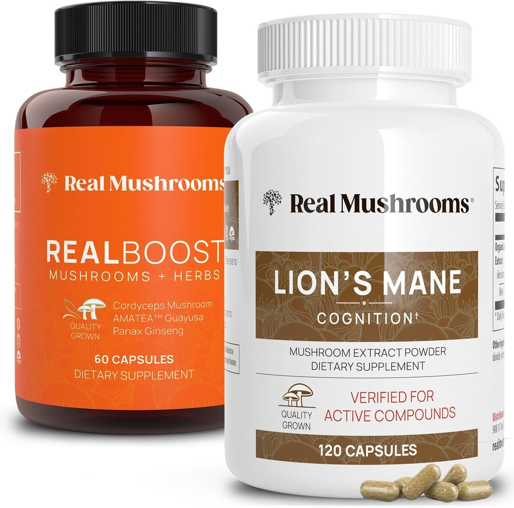 Real Mushrooms RealBoost (60ct) and Lions Mane (120ct) Capsules Bundle - Mushroom Supplement for Energy, Vitality & Cognition - Energy & Brain Vitamins w/Cordyceps, Ginseng, Guayusa - Vegan, Non-GMO