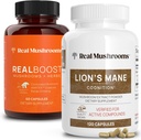 Real Svampe RealBoost (60ct) og Lions Mane (120ct) Kapsler Bundle - Svampe supplement til energi, Vitality & Cognition - Energy & Brain Vitaminer w / Cordyceps, Ginseng, Guayusa - Vegan, Non- GMO
