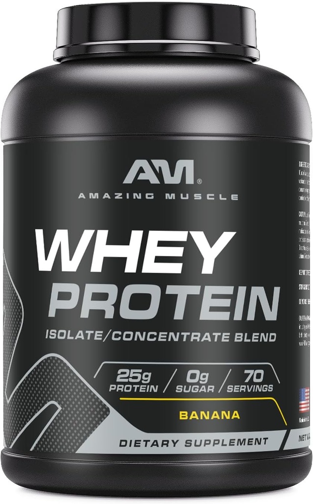 Amazing Muscle 100% Whey Protein Powder * Avanceret formel med Whey Protein Isolere som en primær ingredient sammen med Ultra Filtreret Whey Protein Koncentrat (Banana, 5 Lb)