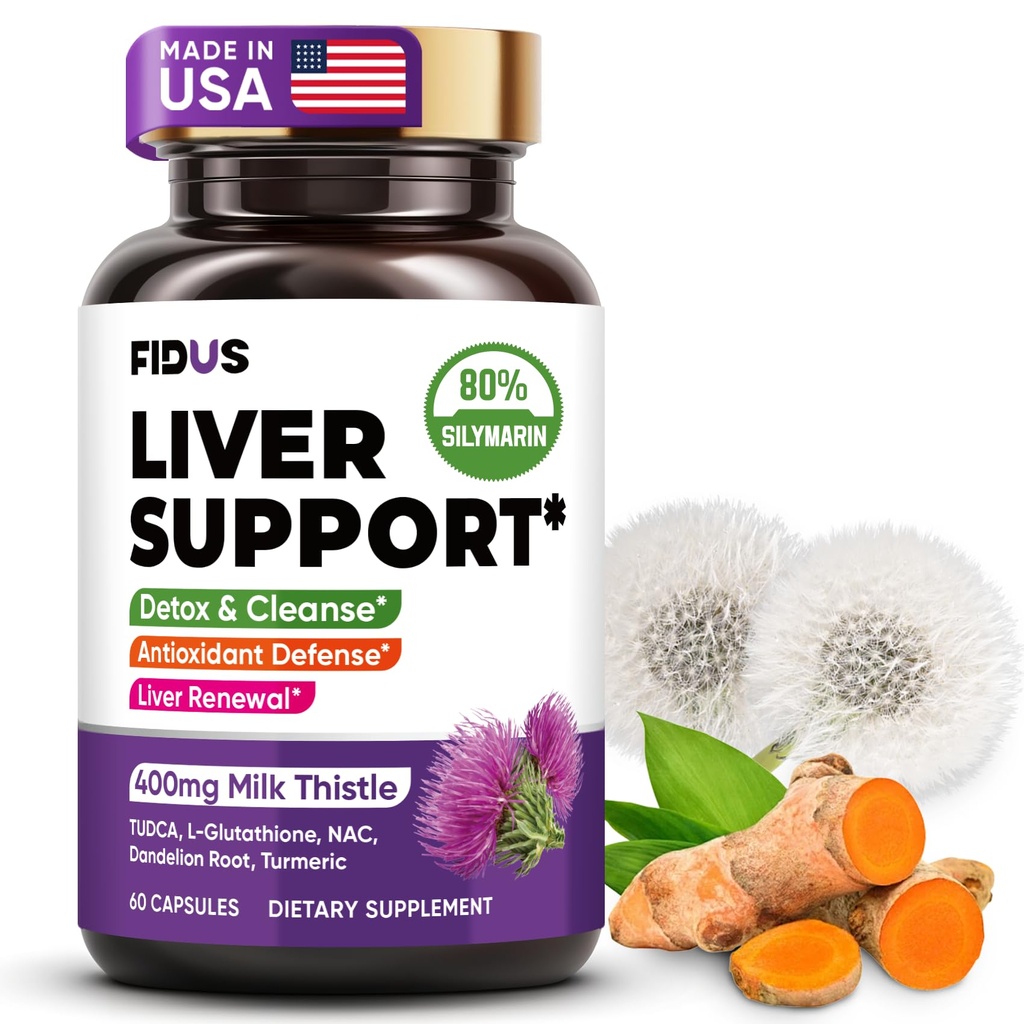 Fidus Happy Daily Liver Cleanse Detox & Repair Support Capsules - 400mg Milk Thistle (80% Silymarin) with NAC, Turmeric, TUDCA & Dandelion - USA Quality - 60 Counts