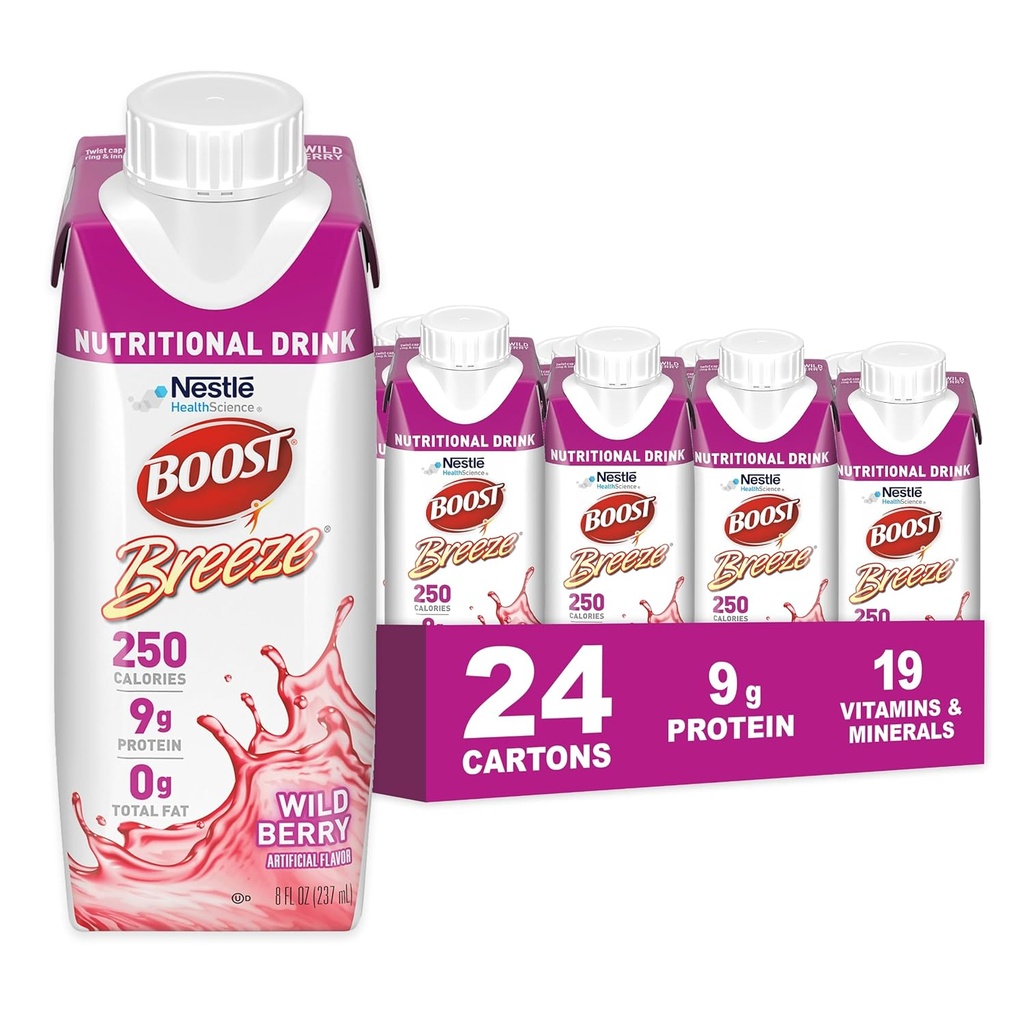 BOOST Breeze Clear Nutritional Drink - 250 kalorier - 19 vitaminer og mineraler - 9 g protein - Forstærket Clear Nutritional Drink med vitamin A & Zink - Wild Berry Flavor - 8 fl oz (Pack of 24)