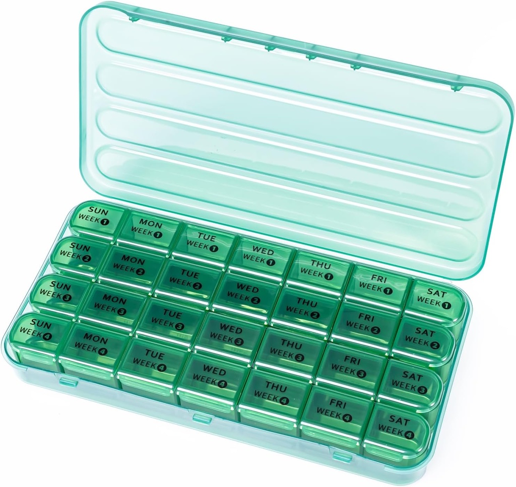 28 Dag Månedlig Pill Organizer - 4 Week Pill Box 1 Time a Day, 7 Day Medicine Organizer Box, Travel Pill Container for Vitamin, Fish Oil (Olive Green)