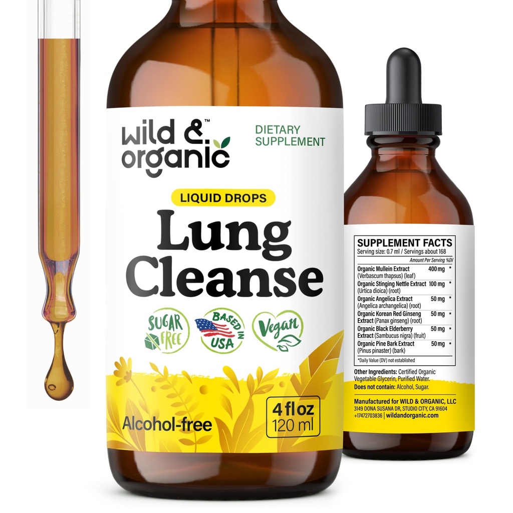 Wild & Organic Lung Cleanse Detox Tinktur - Mullein Drops til Lungs - Herbal Mullein Extract Supplement - Vegan, Alkohol- Free Drops - 4 fl oz