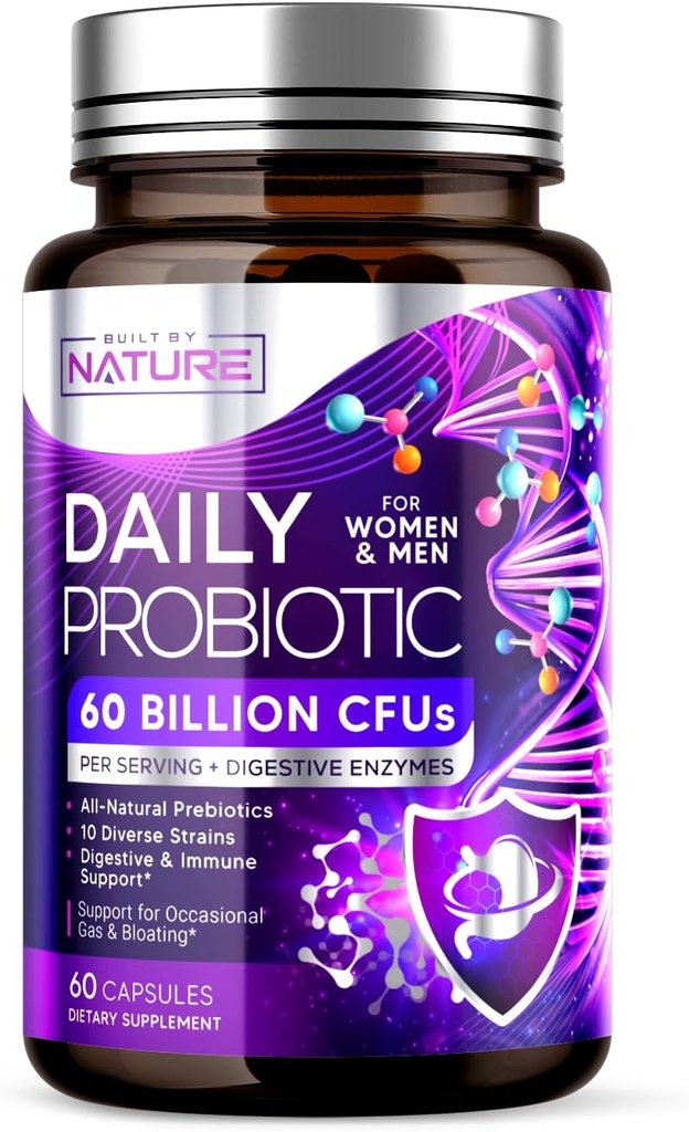 Bygget af Nature Probiotic for Kvinder & Mænd - 60 Millioner CFU, 10 Stammer + Prebiotika & fordøjelsesenzymer - Understøtter fordøjelse, immunforsvar, Reducere Gas & Bloating - Hylde Stabil, ikke-GMO - 60 Kapsler