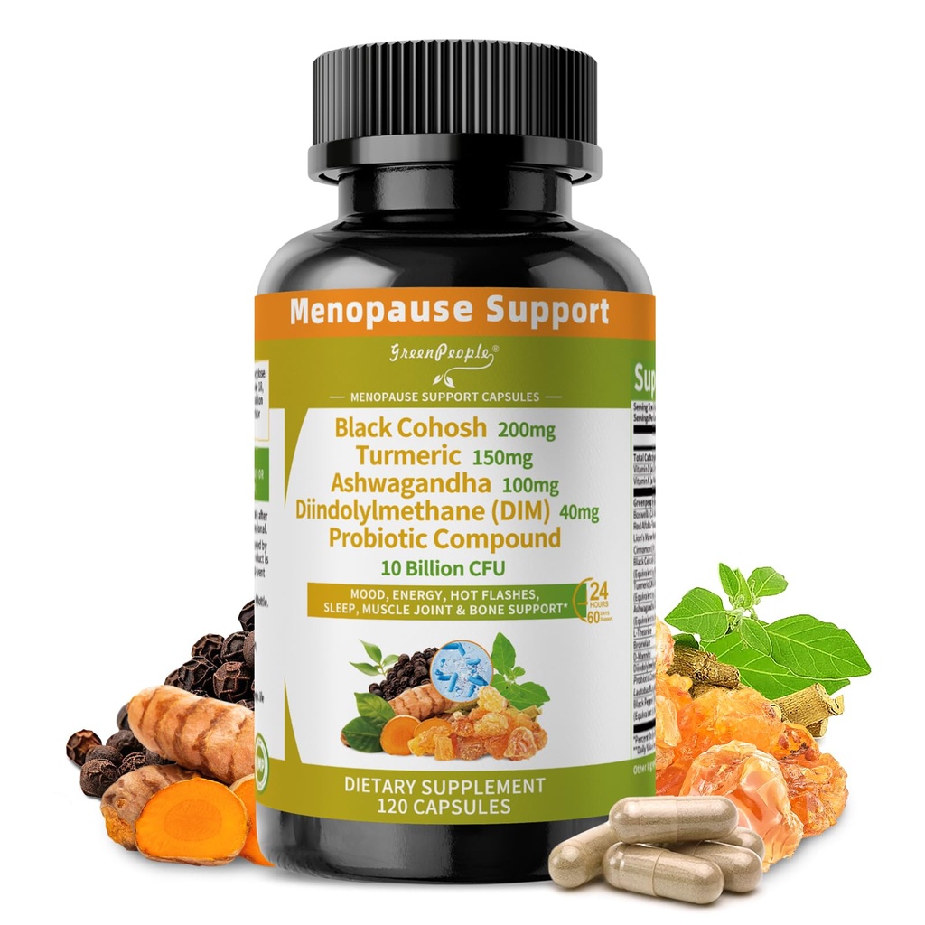 GREENPEOPLE Menopause Supplements for Women - Black Cohosh & Ashwagandha for Hot Flashes, Night Sweats, Mood Swings, Hormonal Balance Support,10 Billion CFU Probiotic - 120 Capsules Vegan Gluten-Free