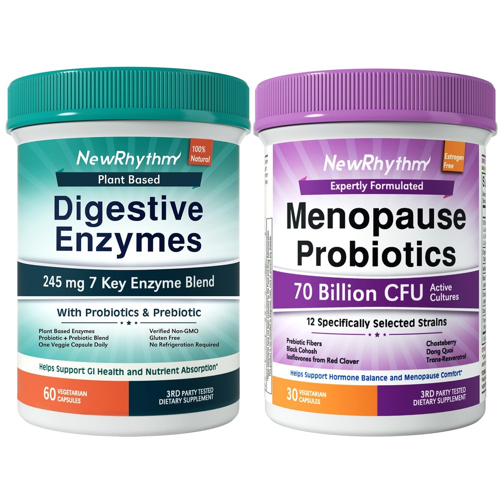 NewRhythm Digestion & Menopause Bundle: 7 Key Enzymes with Probiotics + Botanical Relief, Protease Amylase Lipase, Black Cohosh, 90 Vegan Caps