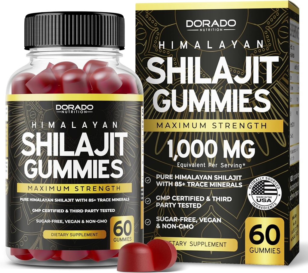 Shilajit Gummies For Mænd & Kvinder 1000mg (High Potency Gold Grade med 85 + Trace Minerals med Fulvic Acid) - Energi & Immunity Support - Tredjeparts testet, ikke GMO, Vegan & Made in USA - (60 Gummies)