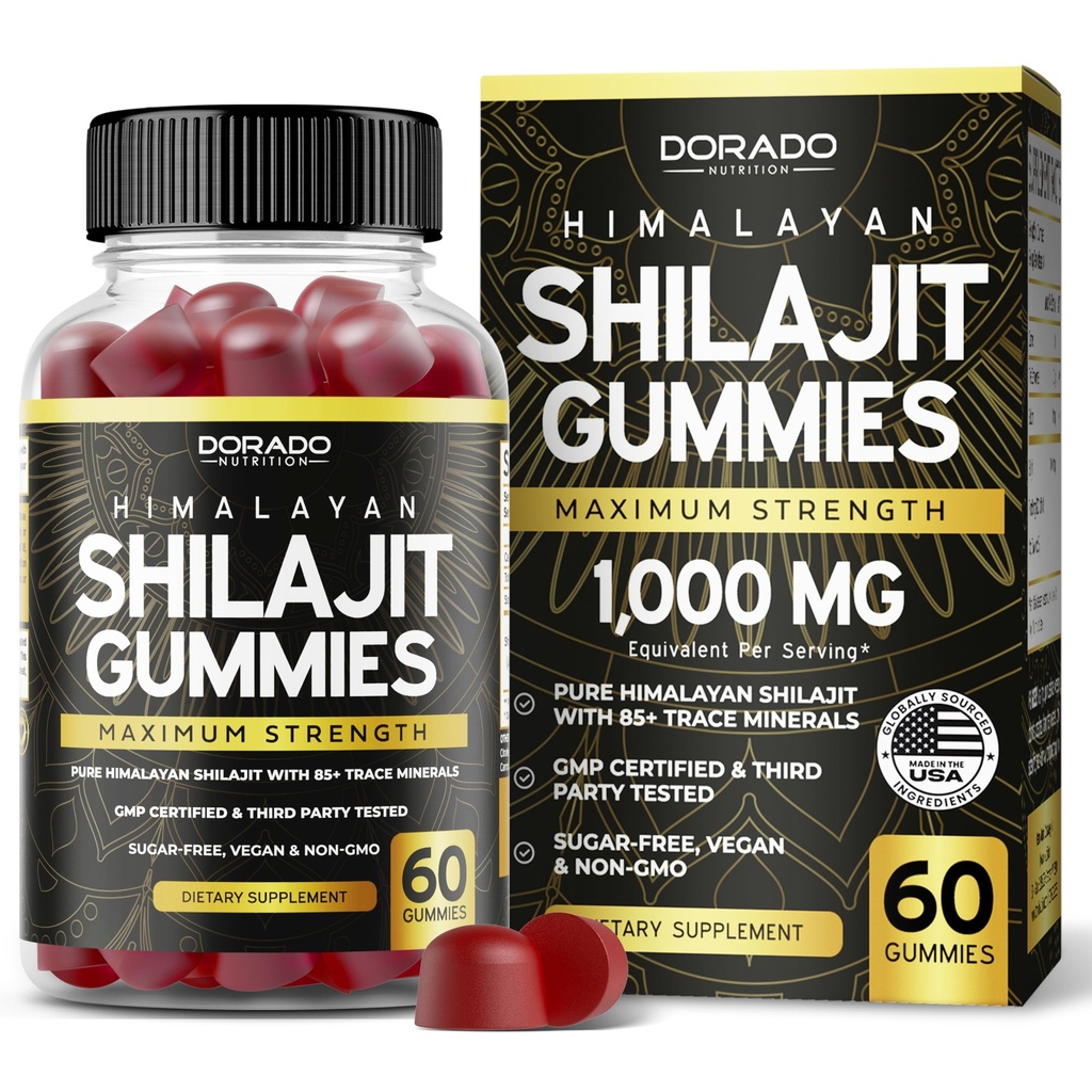 Shilajit Gummies For Mænd & Kvinder 1000mg (High Potency Gold Grade med 85 + Trace Minerals med Fulvic Acid) - Energi & Immunity Support - Tredjeparts testet, ikke GMO, Vegan & Made in USA - (60 Gummies)