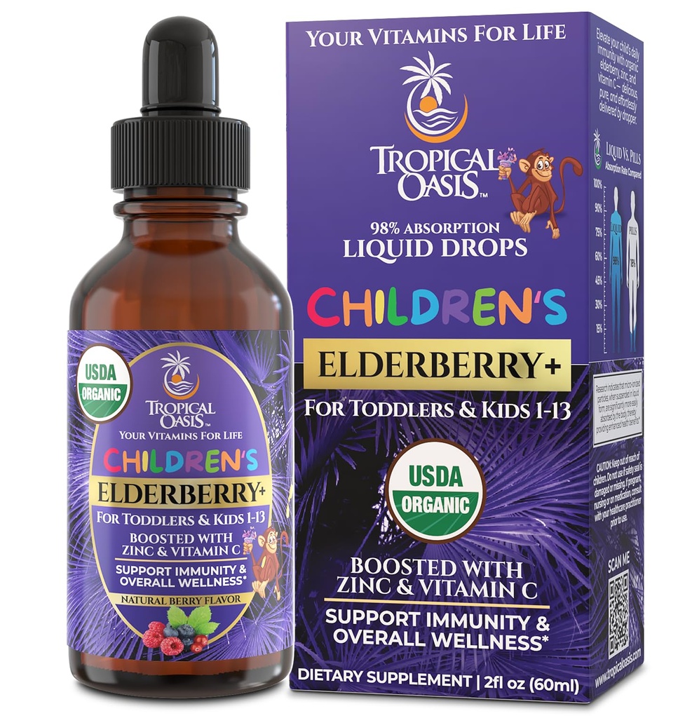 Tropical Oasis USDA Organic Liquid Vitamin Drops with Elderberry, Vitamin C and Zinc for Toddlers & Kids | Sugar Free | Vegan | Non-GMO | 2 Fl Oz