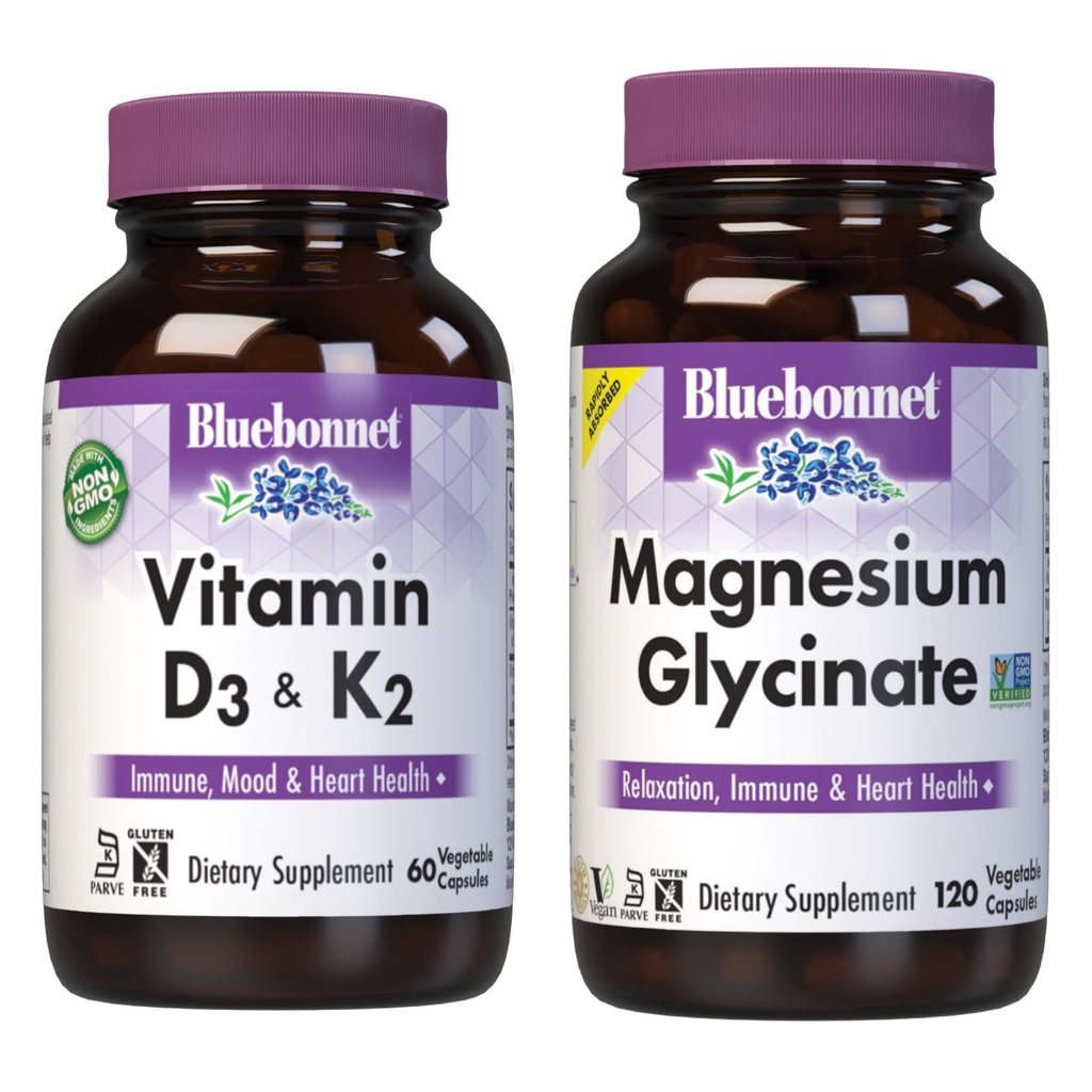 BlueBonnet Nutrition Vitamin D3 og K2, og Magnesium Glycinate Vegetabilske Kapsler Bundle