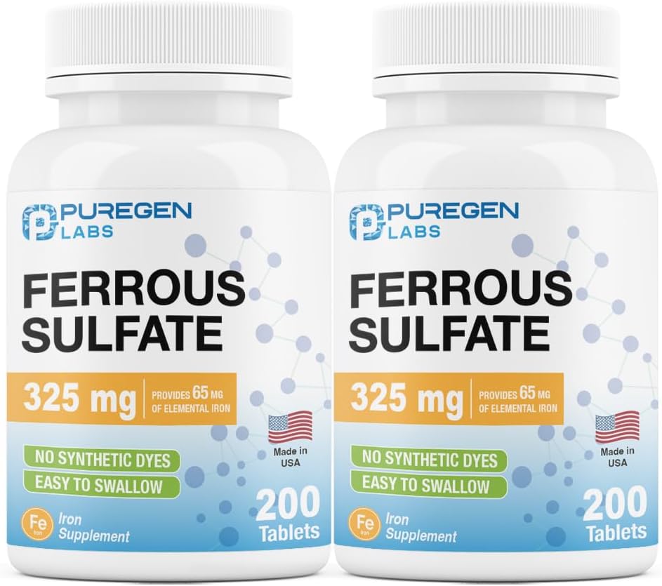 Puregen Labs Ferrosulfate 325 mg (65 mg Elemental Iron) Højpotens Iron Supplementet 124; Ingen kunstige farve tilsætningsstoffer - alt 400 tabletter Made i USA