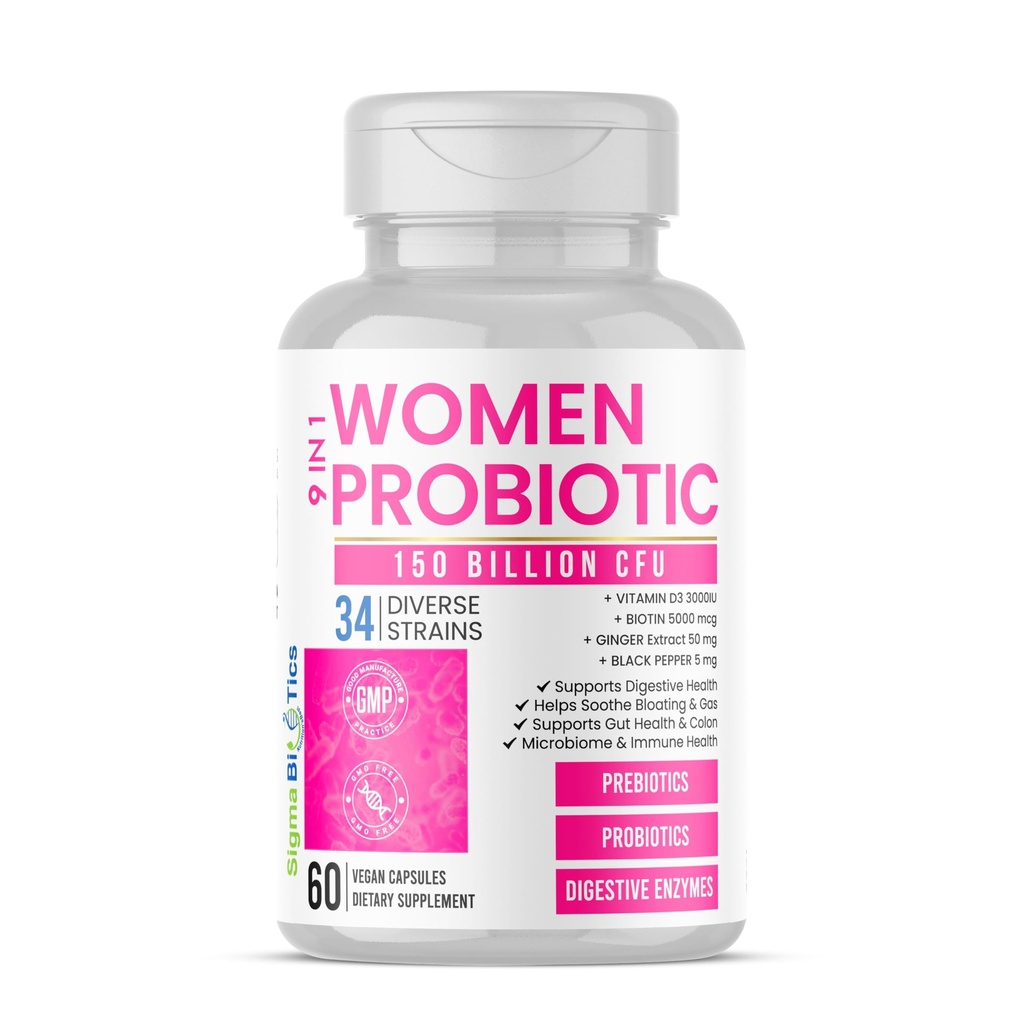 Women's Probiotics 150 Billion CFU – 34 Strains with Organic Prebiotics & Digestive Enzymes – Urinary Tract & Digestive Health – 60 Vegan Capsules with D3 and Biotin – Gluten-Free, Non-GMO, Dairy-Free
