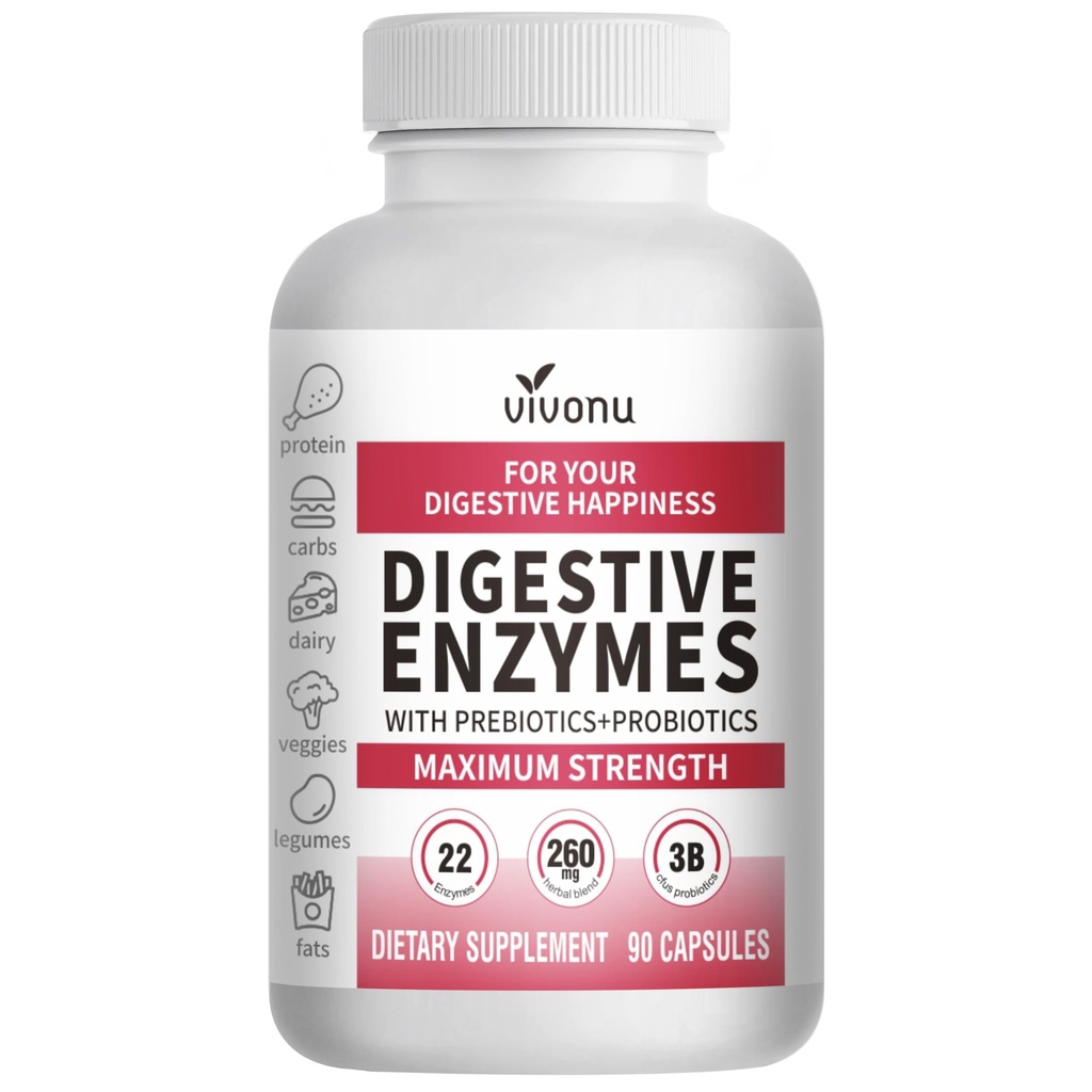 VivoNu Digestive Enzymes | 22 Enzymes with Organic Prebiotics & Probiotics | Supports Digestion* of Protein, Carbs, Fiber & Dairy | 90 Capsules