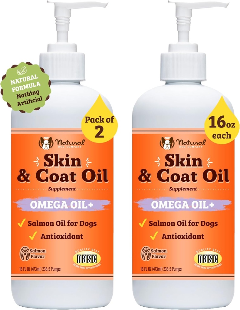 Natural Dog Company 2 Pack - 16 oz. Hud og Coat Oil, Understøtter hudsundhed, Fisk Olie Kosttilskud til hunde, Fedtsyrer, Antioxidant, til Multi Dog Familier, Store Breed Hunde, 32 oz. Værdi