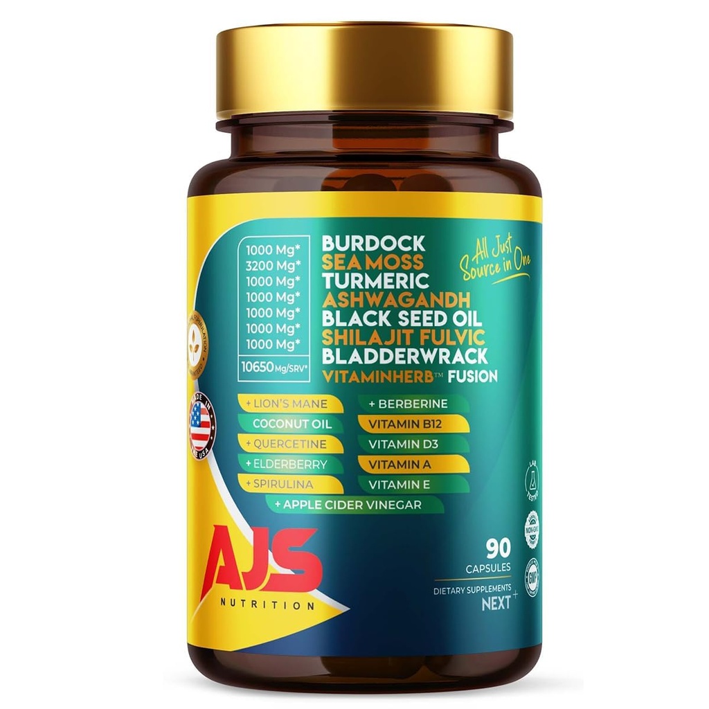 AJS Sea Moss Capsules 3200mg, Himalayan Shilajit 1000mg med Black Seed Oil, Ashwagandha, Turmerisk, Bladderwrack, Burdock, Vitaminer, Berberine, Lions Mane Mushroom, Elderberry- 90 Caps