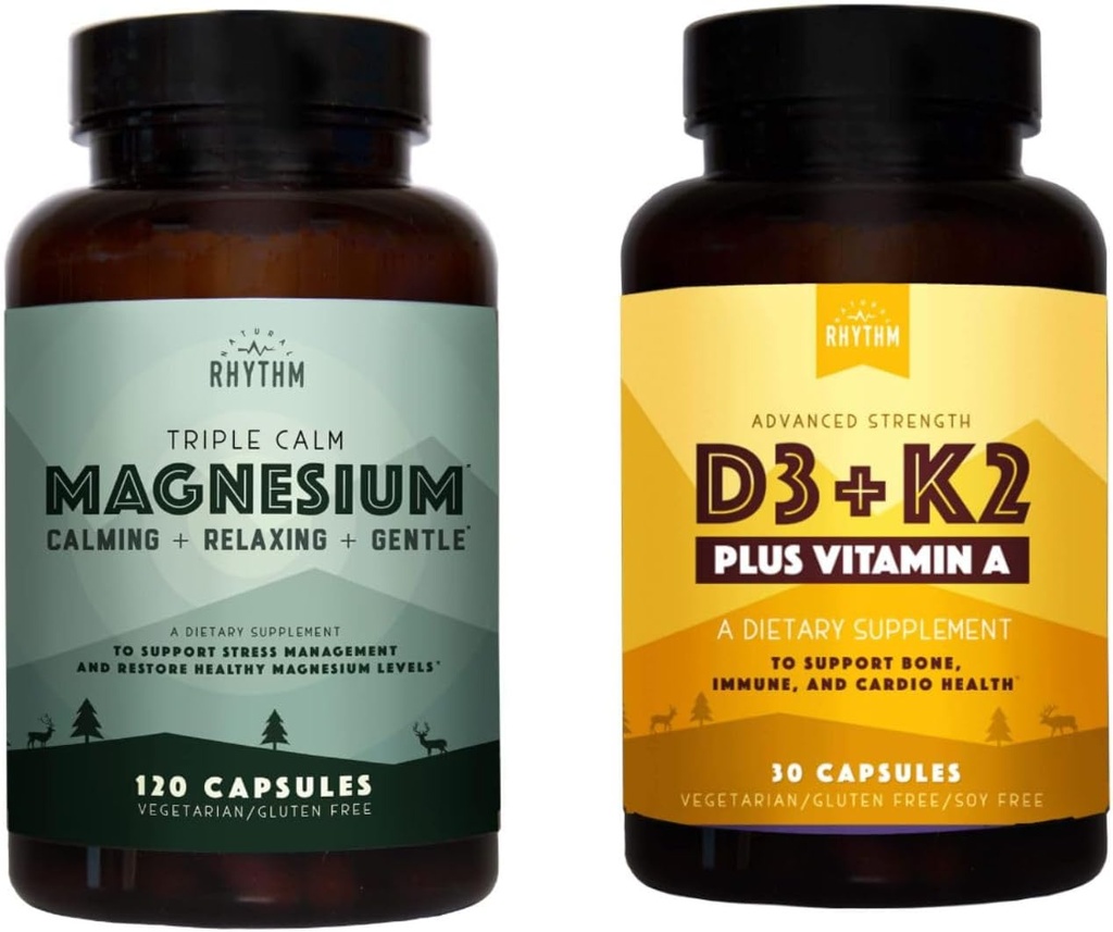 Natural Rhythm Triple Cale Magnesium 150 mg - 120 kapsler - Magnesiumkompleks supplement W / Natural Rhythm Vitamin D3 + K2 (MK7) Plus vitamin A, for ben, hjerte, og immunforsvar, 30 kapsler