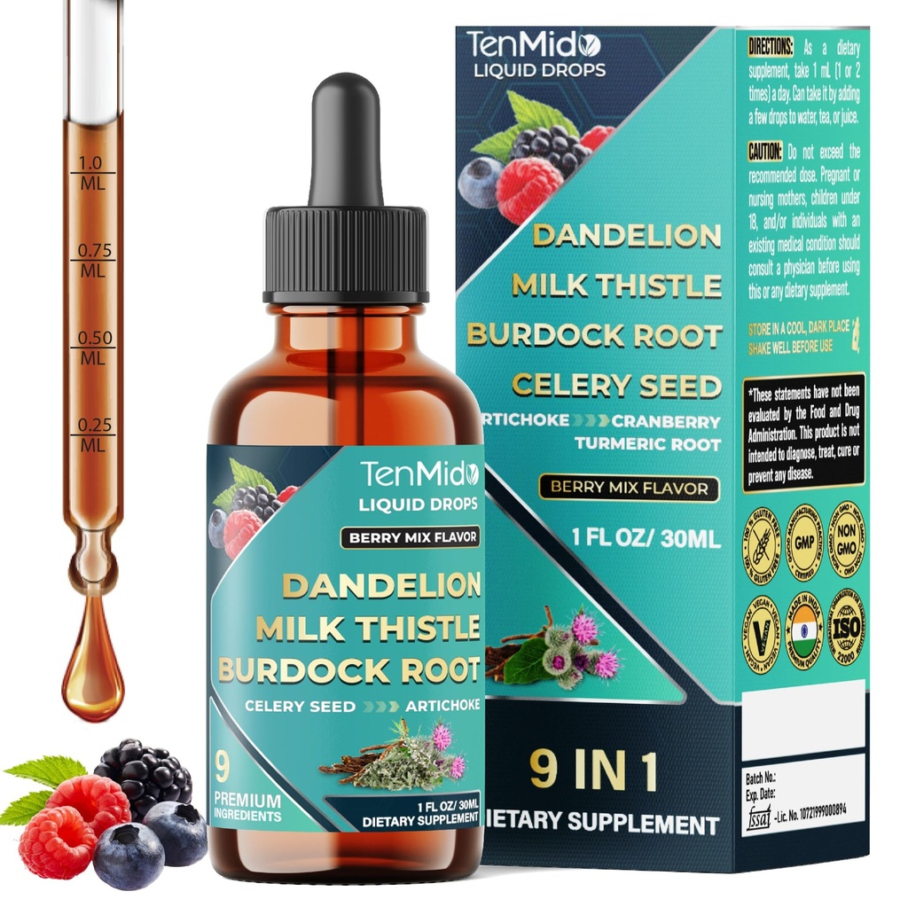 9in1 Dandelion Root Extract - Herbal Liquid Tincture with Milk Thistle, Burdock Root, Celery Seed, Artichoke, Cranberry, Turmeric, Horsetail, and Ginger - 30ml 1 Fl Oz