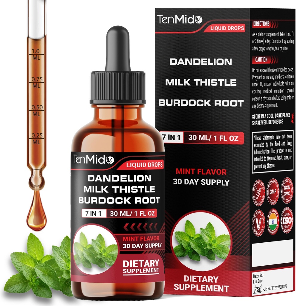 Dandelion Root Extract Drops - Herbal Liquid Supplement - 7in1 with Milk Thistle, Burdock Root, Turmeric, Artichoke, Ginger, and Peppermint - 30ml 1 Fl Oz