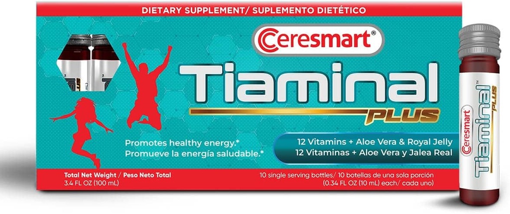 Ceresmart Tiaminal Plus Multivitamin til kvinder og mænd - 10 x Single Serving Hætteglas Flydende Multivitaminer Kosttilskud - Energi Boost Vitamin Kosttilskud med Aloe Vera, Royal Jelly