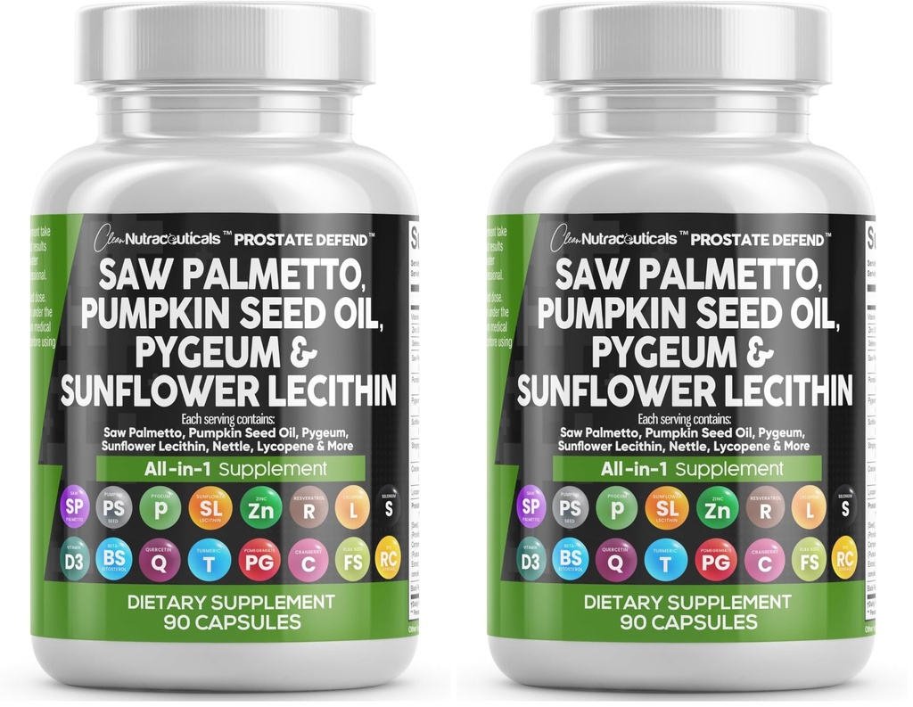 Clean Nutraceuticals Saw Palmetto Pumpkin Seed Oil Pygeum Sunflower Lecithin Stinging Nettle Cranberry - Prostate Supplements for Men with Lycopene - 90 Caps (Pack of 2)
