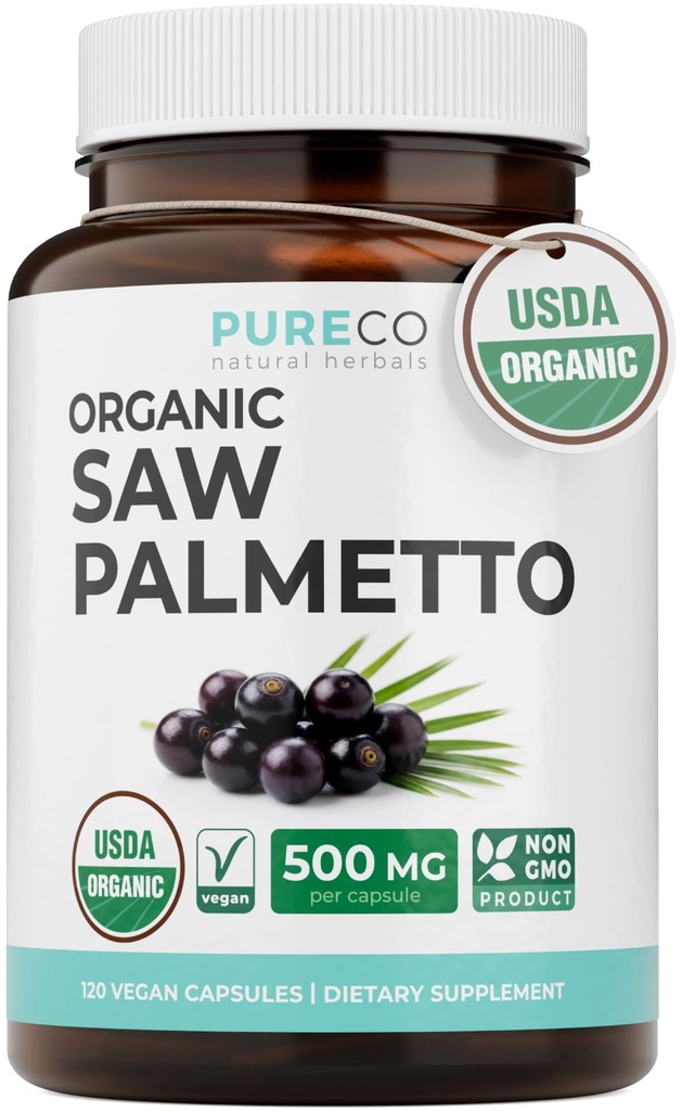 PURE CO USDA Organic Saw Palmetto Supplement - Organic Saw Palmetto for Women & Men's Urinary Tract Prostate & DHT Blocker for Women - Whole Berries - Vegan Non-GMO & Lab Verified (4 Month Supply)
