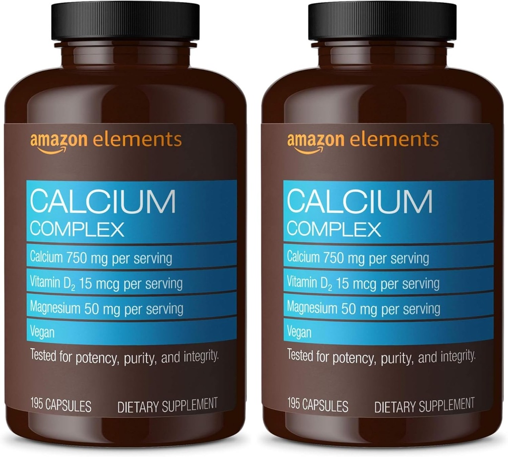 Elementer Calcium Complex med D-vitamin, 250 mg Calcium (3 per servering), Vegan, 195 kapsler (Packaging May Vary), understøtter stærke knogler og immunforsvar (pakke med 2)