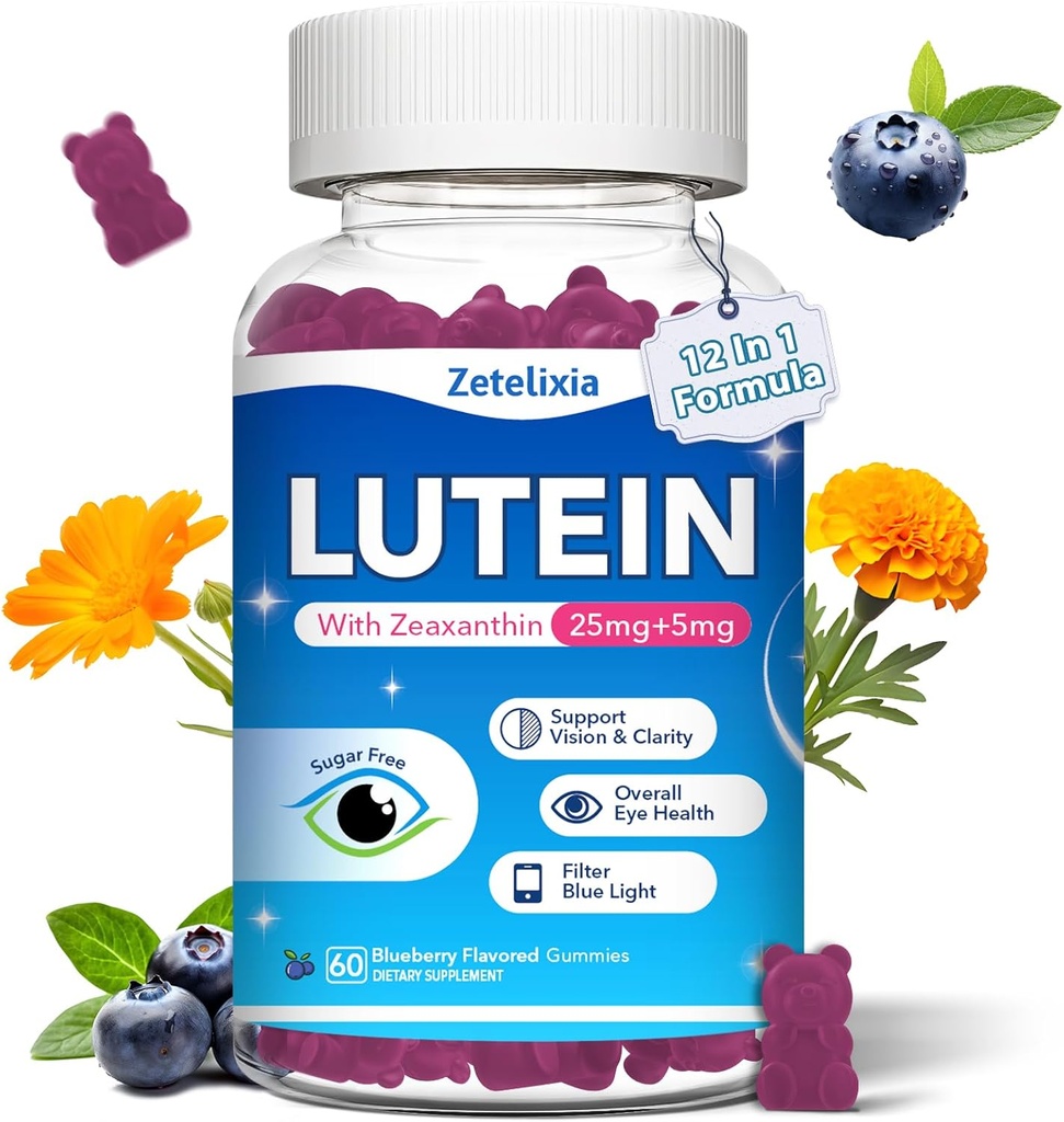 Lutein Gummies, 12 i 1 Lutein og Zeaxanthin Kosttilskud Eye Vitamin Gummies for voksne, Eye Health Supplement med multiple Vitamin til fremme af Eye & Vision - 60 Gummies