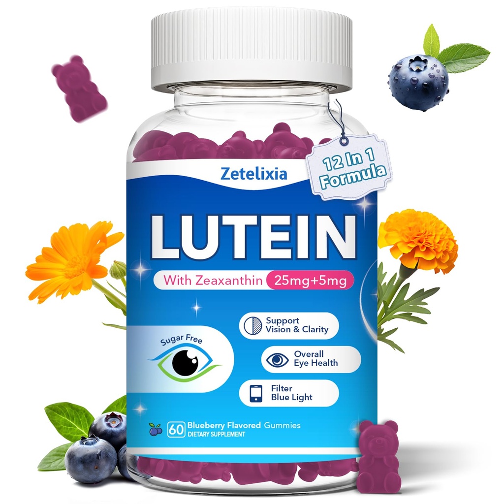 Lutein Gummies, 12 i 1 Lutein og Zeaxanthin Kosttilskud Eye Vitamin Gummies for voksne, Eye Health Supplement med multiple Vitamin til fremme af Eye & Vision - 60 Gummies