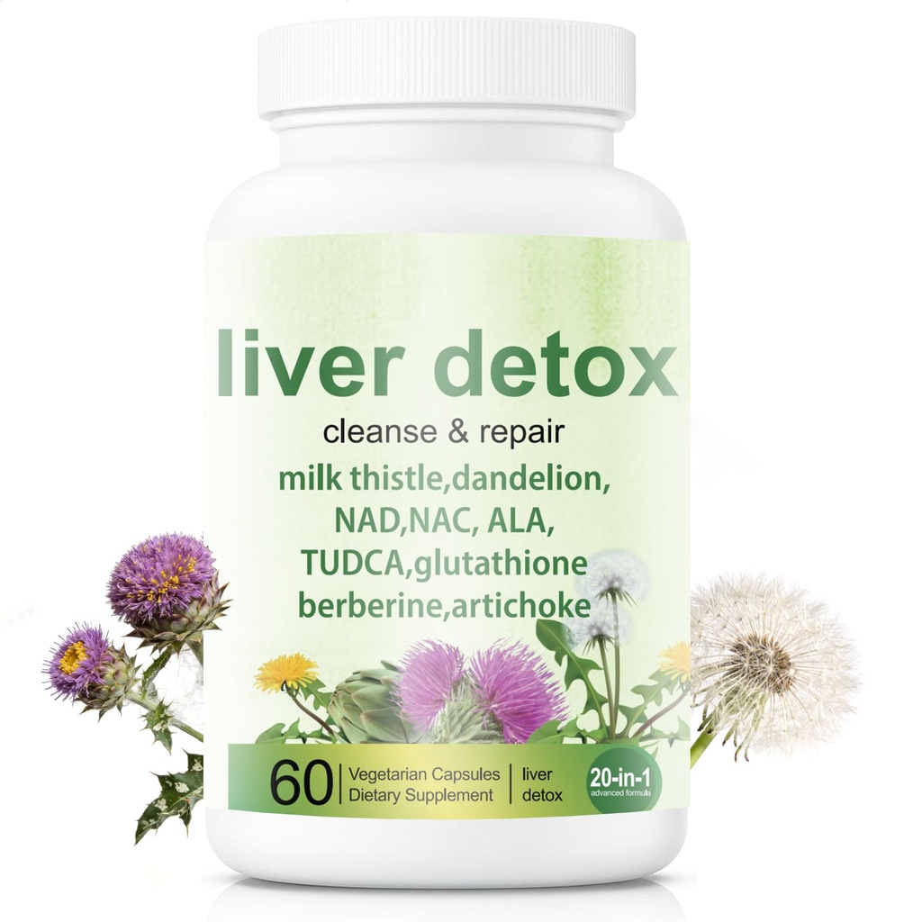 Liver Detox Capsules - 20-in-1 Herbal Formula with Milk Thistle, Dandelion, Turmeric & Artichoke Leaf for Liver Support and Digestive Balance - Non-GMO, Gluten-Free (60 Count)