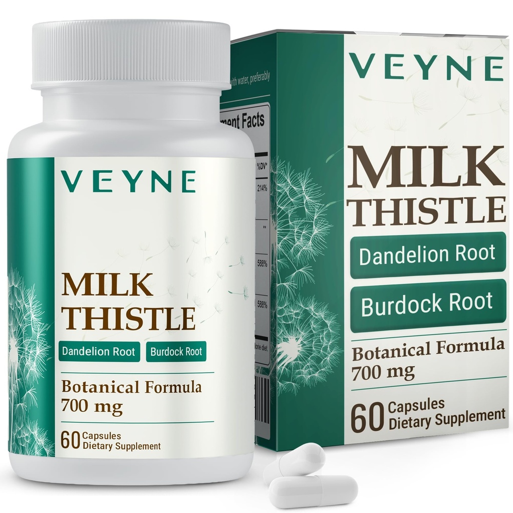 VEYNE Milk Thistle Supplement 80% Silymarin (240mg Active) with Dandelion Root Extract 10:1 & Burdock Root 20:1 – Liver Support Supplement for Daily Wellness – 60 Capsules (30 Day Supply)