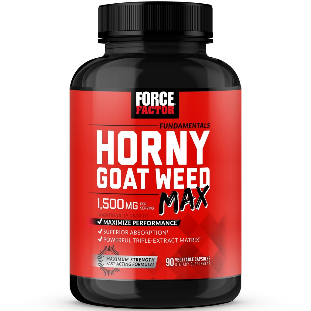 FORCE FACTOR Horny Geat Weed Max, Horny Geat Weed for mænd og kvinder til at maksimere ydeevne og drev, Triple- Extract HGW Horny Geat Weed Herbal Supplement, 1500mg, 90 Kapsler