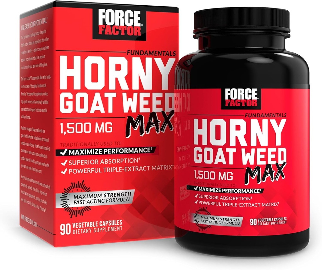 FORCE FACTOR Horny Geat Weed Max, Horny Geat Weed for mænd og kvinder til at maksimere ydeevne og drev, Triple- Extract HGW Horny Geat Weed Herbal Supplement, 1500mg, 90 Kapsler