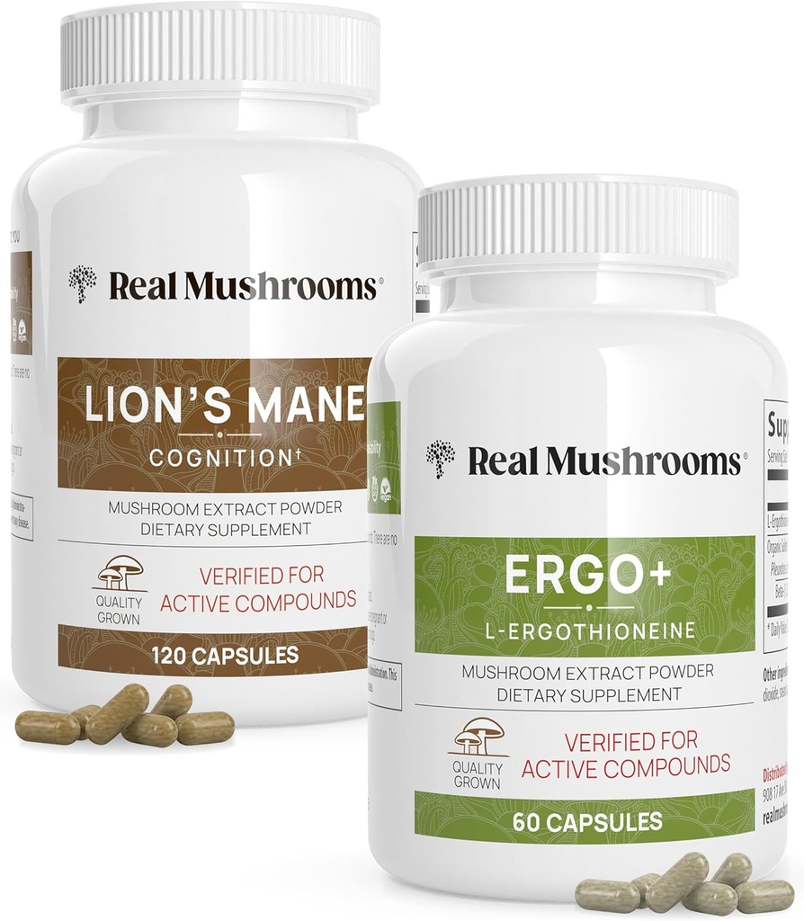 Ergothioneine (60ct) og Lions Mane (120ct) Bundle med shiitake og Oyster Mushroom Ekstrakter - Longevity and Cognition - Vegan, Gluten Free, Non- GMO