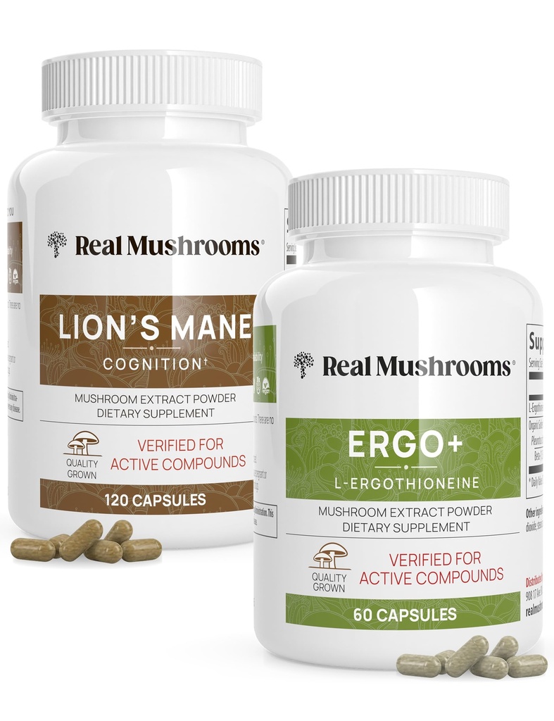 Ergothioneine (60ct) og Lions Mane (120ct) Bundle med shiitake og Oyster Mushroom Ekstrakter - Longevity and Cognition - Vegan, Gluten Free, Non- GMO