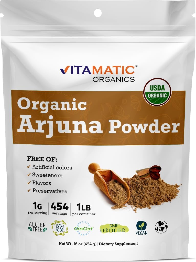 Vitamatic Certified USDA Organic Arjuna Bark Powder - 1 LB (16 oz) Pure Terminalia Arjuna Bark Note 124; Understøtter hjerte sundhed, cirkulation & Stress Relief
