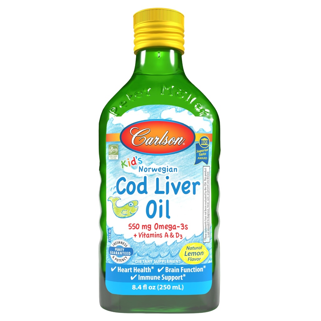 Carlson - Kid 's Cod Lever Oil, 550 mg Omega- 3s, Vitamin A & D3, Wild Norwegian, Lemon, 250 ml