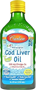 Carlson - Kid 's Cod Lever Oil, 550 mg Omega- 3s, Vitamin A & D3, Wild Norwegian, Lemon, 250 ml