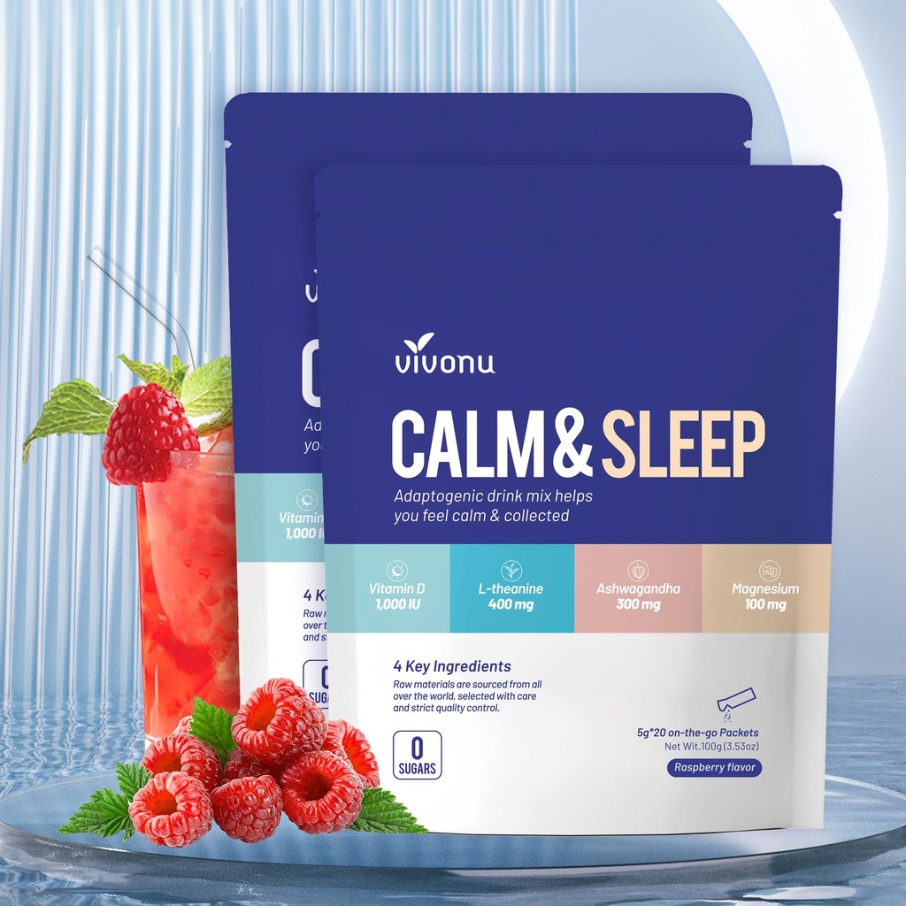 VivoNu rolig & søvn pulveriseret drik Mix Hindbær L Theanine Ksm- 66 Ashwagandha Magnesium Glycinate D-vitamin 3 Kosttilskud til afslapning & fokus Ingen sukker Non GMO