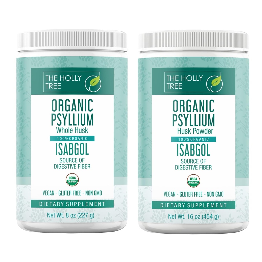 Organic Psyllium Husk Powder 16 oz & Whole Husk 8 oz Combo - Vegan Fiber Supplement - Digestive & Gut Health Support - Gluten-Free, USDA Organic - Natural Cleanse & Detox Bundle