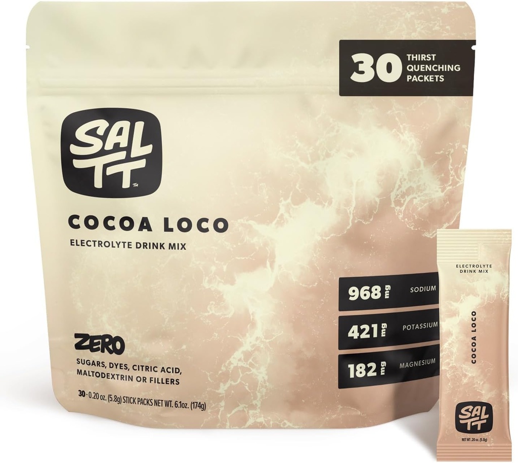 SALTT Electrolytes Powder Flavored Drink Mix - Cocoa Loco - 30 Hydration Packets - Magnesium, Kalium, Natrium, Trace Minerals - Zero Sugar & Gluten Free - Rejse Essentials