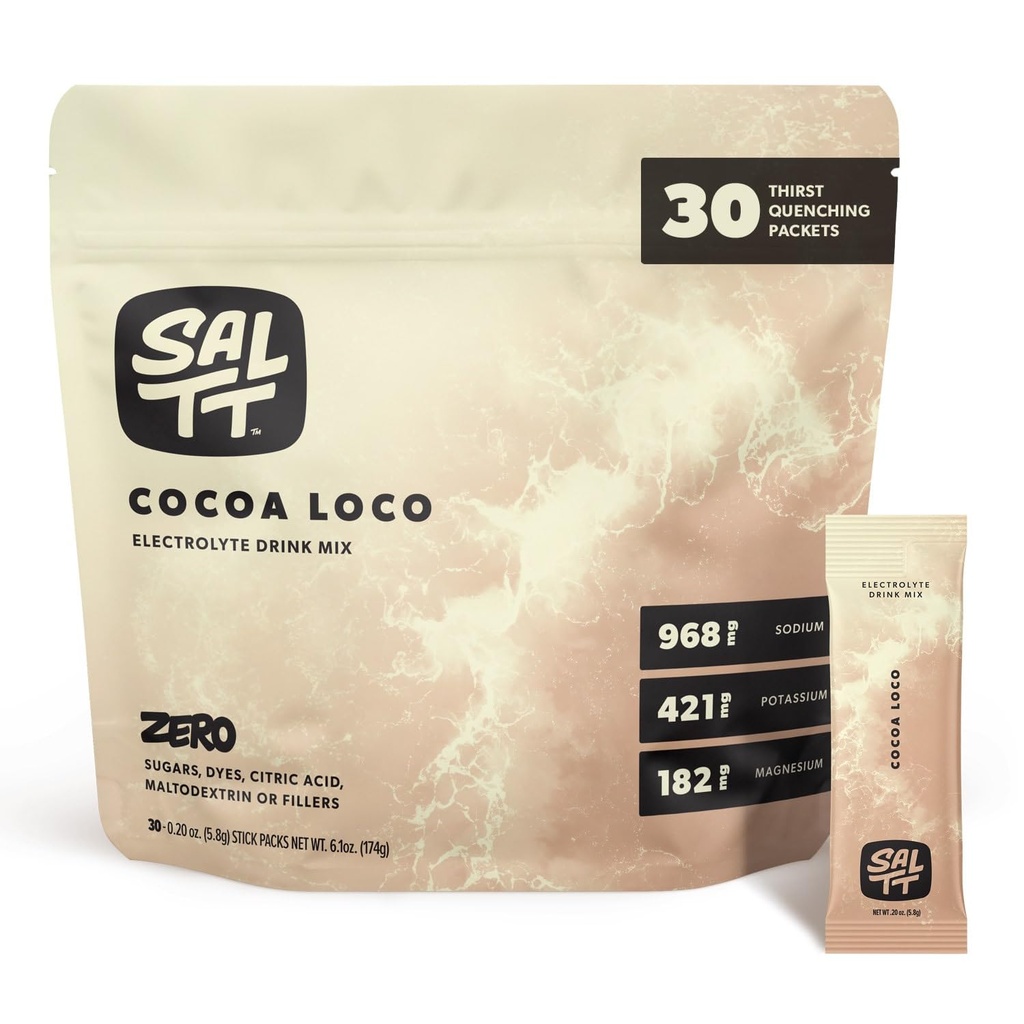 SALTT Electrolytes Powder Flavored Drink Mix - Cocoa Loco - 30 Hydration Packets - Magnesium, Kalium, Natrium, Trace Minerals - Zero Sugar & Gluten Free - Rejse Essentials