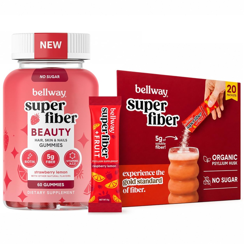 Bellway Super Fiber Gummies + Beauty and Fruit Packets Bundle, Chicory Root Fiber with Biotin and Vitamins A C E Plus Organic Psyllium Husk Packets, Sugar Free (60 Count + 20 Packets)