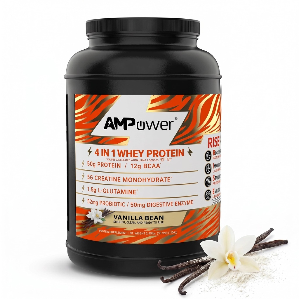 AMPOWER Vanilla Bean Whey Protein Powder - R.I.S.E Formula Designed by Athletes - 25g Protein, BCAA, Creatine, L-glutamine, Probiotics & Digestive Enzymes - Whey Isolate Protein Powder 30 Servings