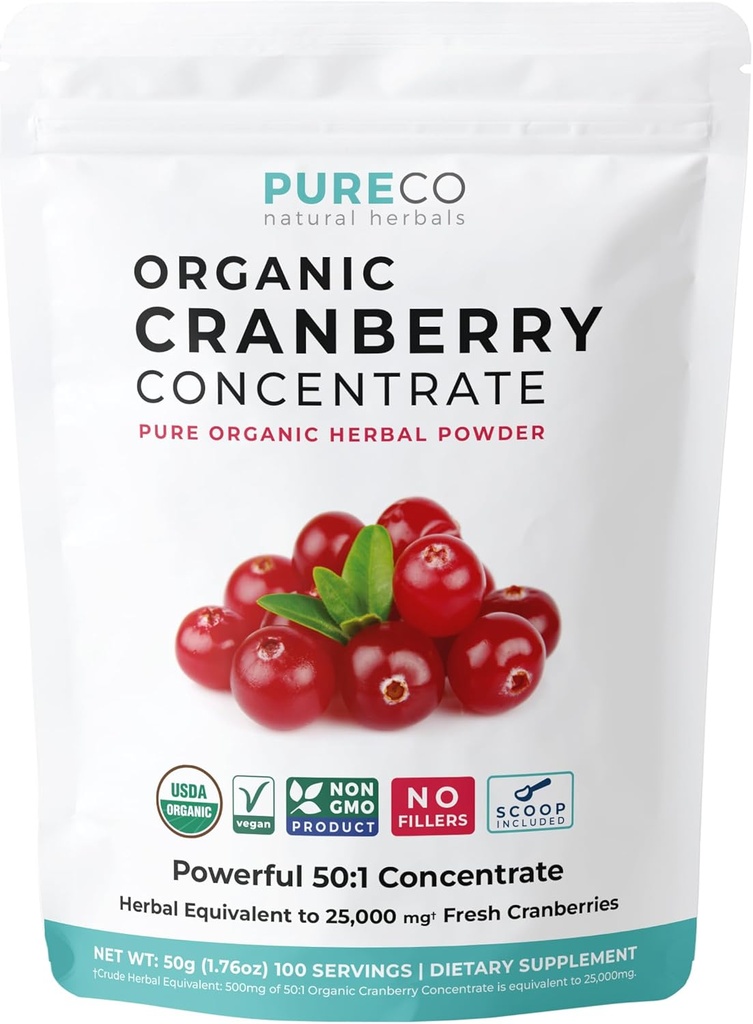 USDA Organic Cranberry Concentrate (50: 1) Powder - 500mg svarer til 25,000mg friske tranebær - til Nyre Cleanse & UTI Support Vitaminer - Kvinder - Supplement - 100 Servering - Ingen piller