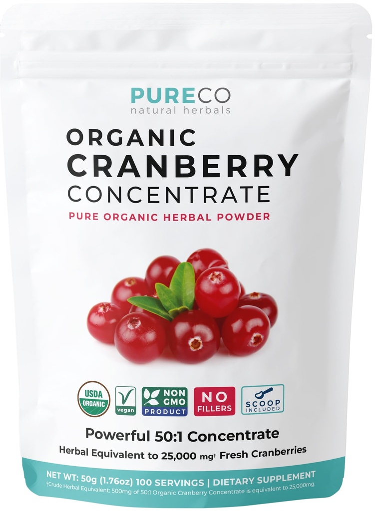 USDA Organic Cranberry Concentrate (50: 1) Powder - 500mg svarer til 25,000mg friske tranebær - til Nyre Cleanse & UTI Support Vitaminer - Kvinder - Supplement - 100 Servering - Ingen piller