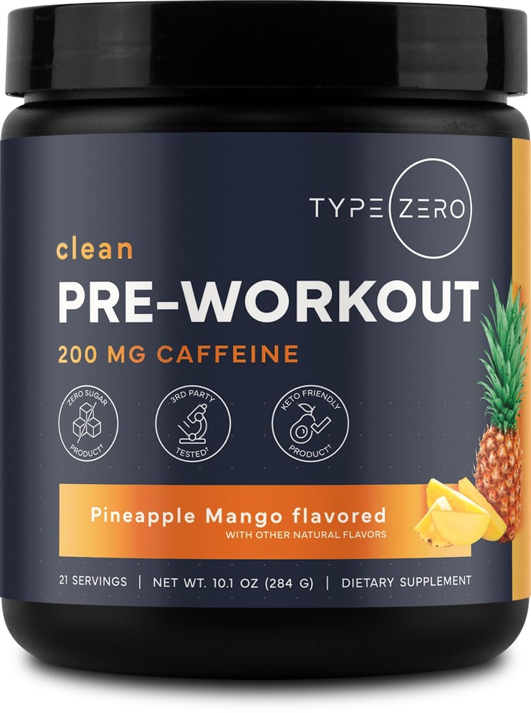 Type Zero Clean Pre Workout Powder - 200mg Natural Caffeine, L-Citrulline Malate, Beta Alanine, Alpha GPC, Huperzine A, Himalayan Salt - Sugar Free, 21 Servings, Pineapple Mango